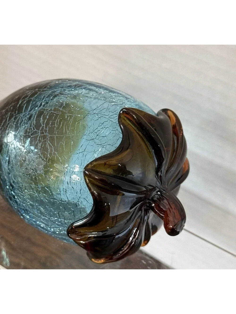 Pier 1 Art Glass Acorn Paperweight Amber Yellow Brown Hand Blown Crackle